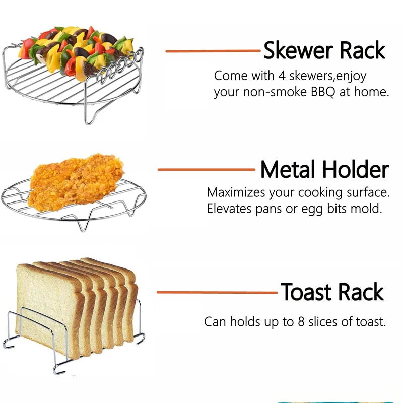 Three OWOW Me Air Fryer Oven Racks for COSORI, INSTANT VORTEX, and GOURMIA are shown: a stainless steel rack with skewered vegetables, a metal holder with cooked food, and a toast rack with bread slices—each labeled for use.