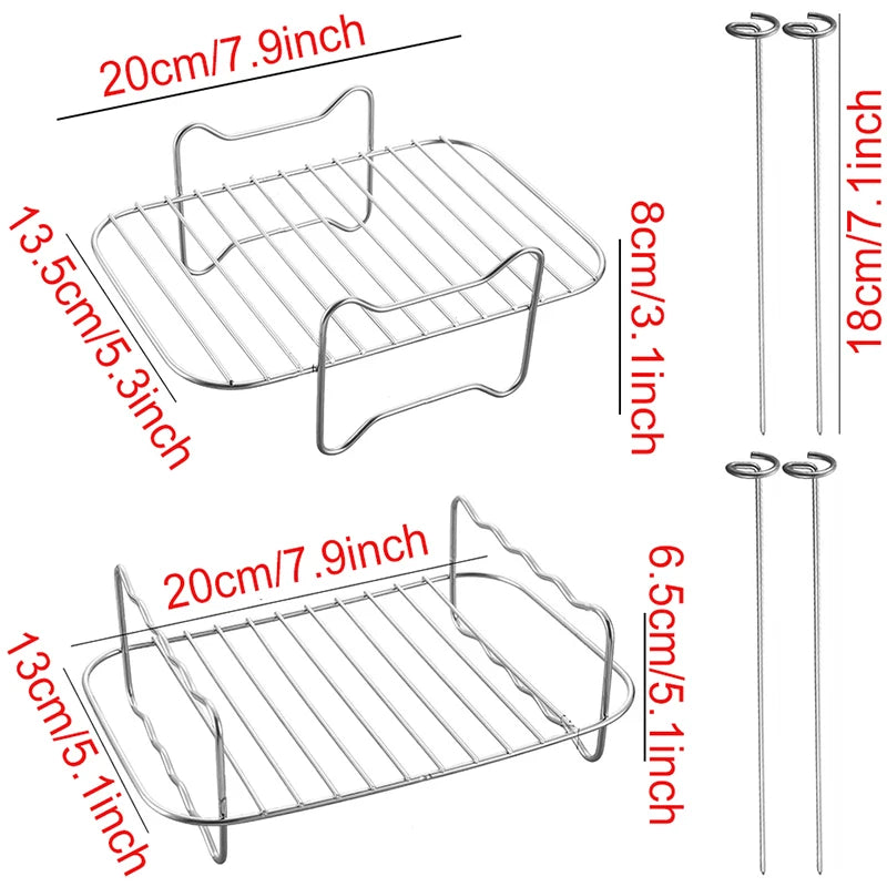 The OWOW Me Air Fryer Oven Racks Accessories for COSORI, INSTANT VORTEX, and GOURMIA include two 20x13.5 cm stainless steel racks and two pairs of skewers (18 cm & 8 cm) with looped handles for easy grip.