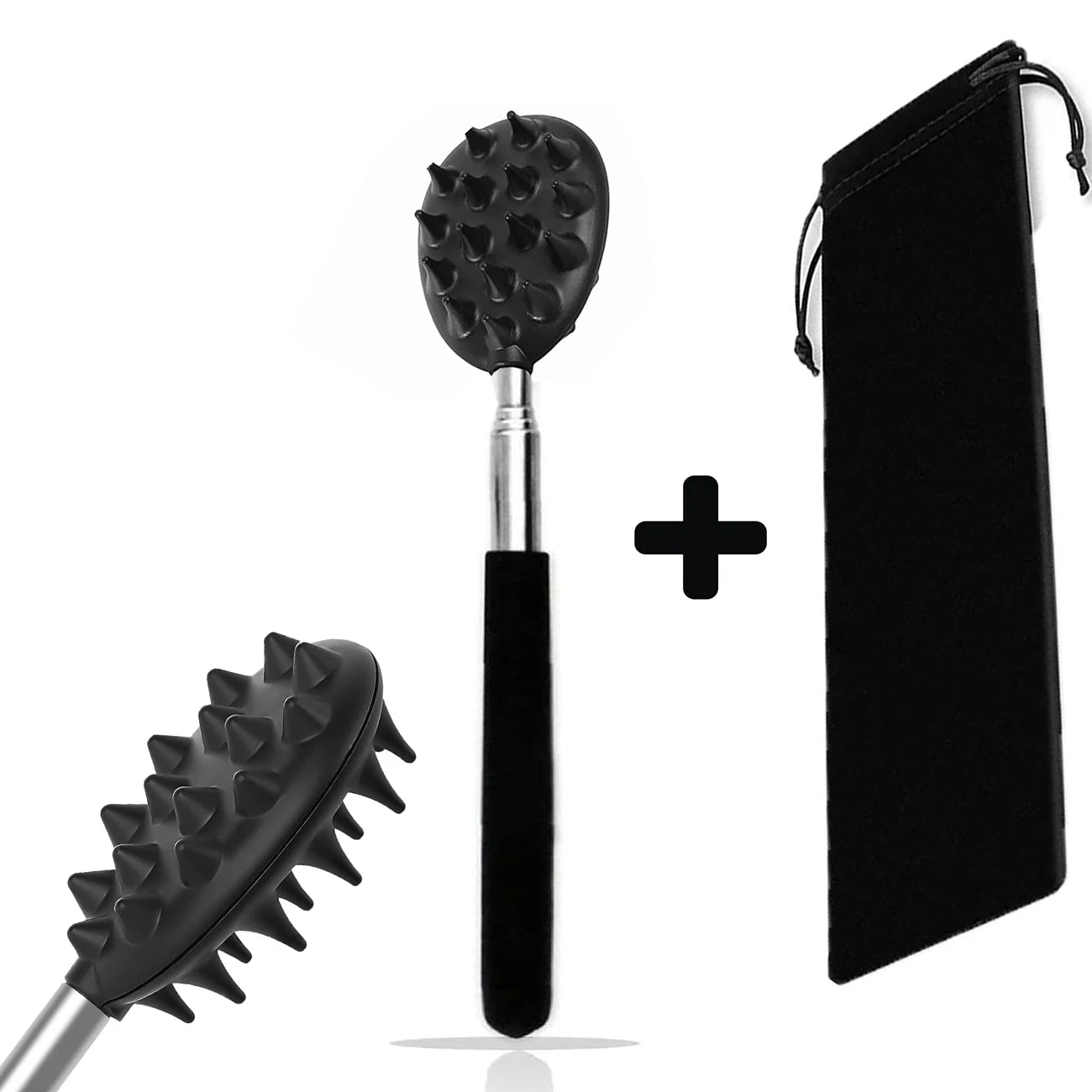 The OWOW Me Extendable Cactus Back Scratcher, a black handheld tool with spikes and a long handle, is shown with a matching black storage pouch against a white background.
