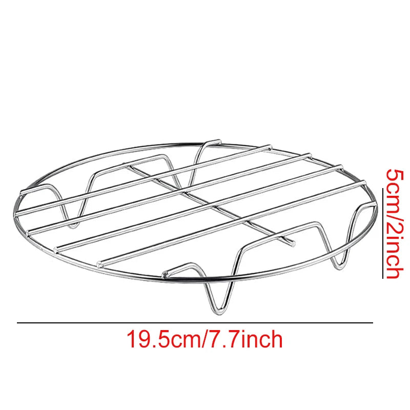The OWOW Me Air Fryer Oven Rack, compatible with COSORI, INSTANT VORTEX, and GOURMIA, features raised legs and measures 19.5 cm (7.7 in) diameter by 5 cm (2 in) height—perfect for two-layer air fryer cooking; dimensions labeled.