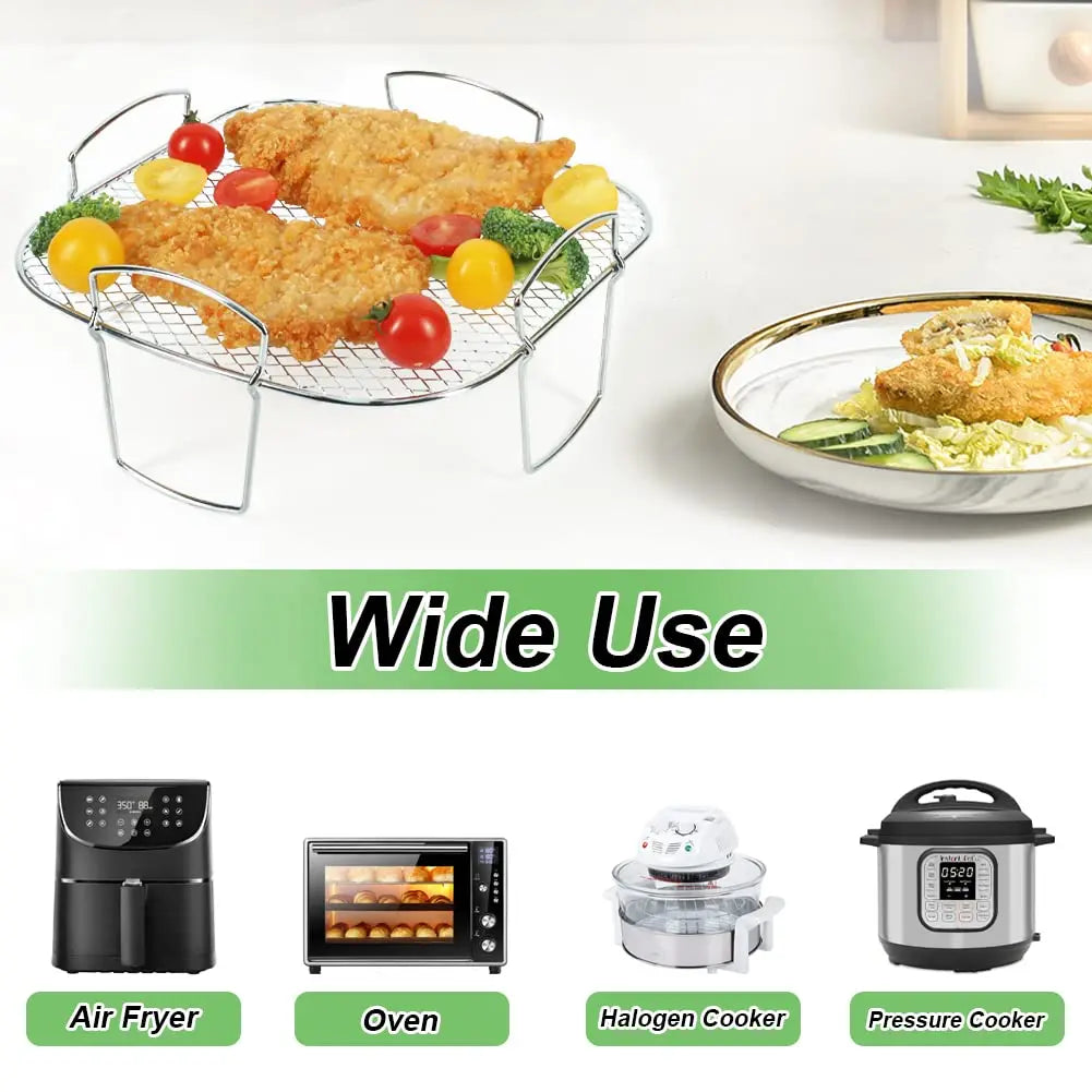 A stainless steel OWOW Me Air Fryer Oven Rack, shown with fried chicken and veggies, fits COSORI, INSTANT VORTEX, and GOURMIA. Text: “Wide Use”—ideal for air fryers, ovens, halogen cookers, and pressure cookers.