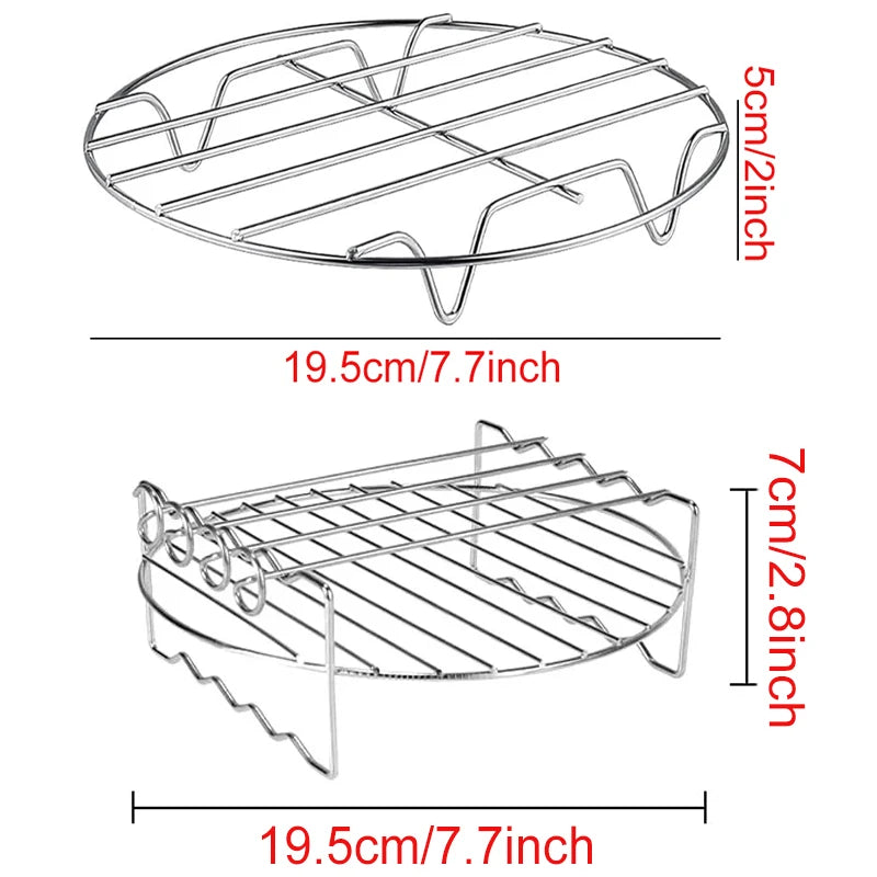 Two OWOW Me stainless steel air fryer racks for COSORI/INSTANT VORTEX/GOURMIA are shown side by side—one 5 cm high, one 7 cm high. Both have a 19.5 cm diameter, ideal for two-layer steaming or baking in your air fryer oven.