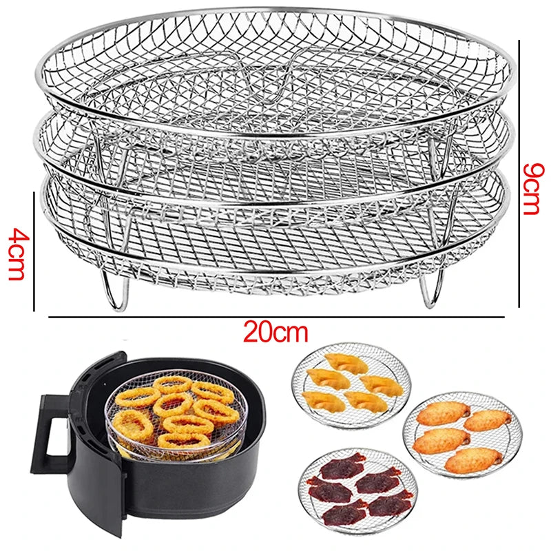 OWOW Me Air Fryer Oven Racks Accessories for COSORI, INSTANT VORTEX, and GOURMIA: 3-tier round stainless steel rack (20cm x 9cm) shown stacked in an air fryer; images show onion rings, chicken, meat & pastries for efficient two-layer cooking.