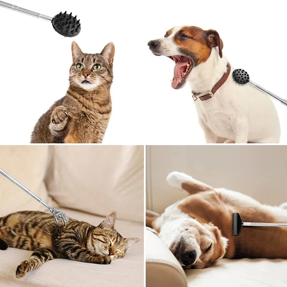 A four-panel image shows a cat and a dog being massaged with the OWOW Me Extendable Cactus Back Scratcher. In two panels, theyre alert; in the others, they look relaxed and content while lying down.