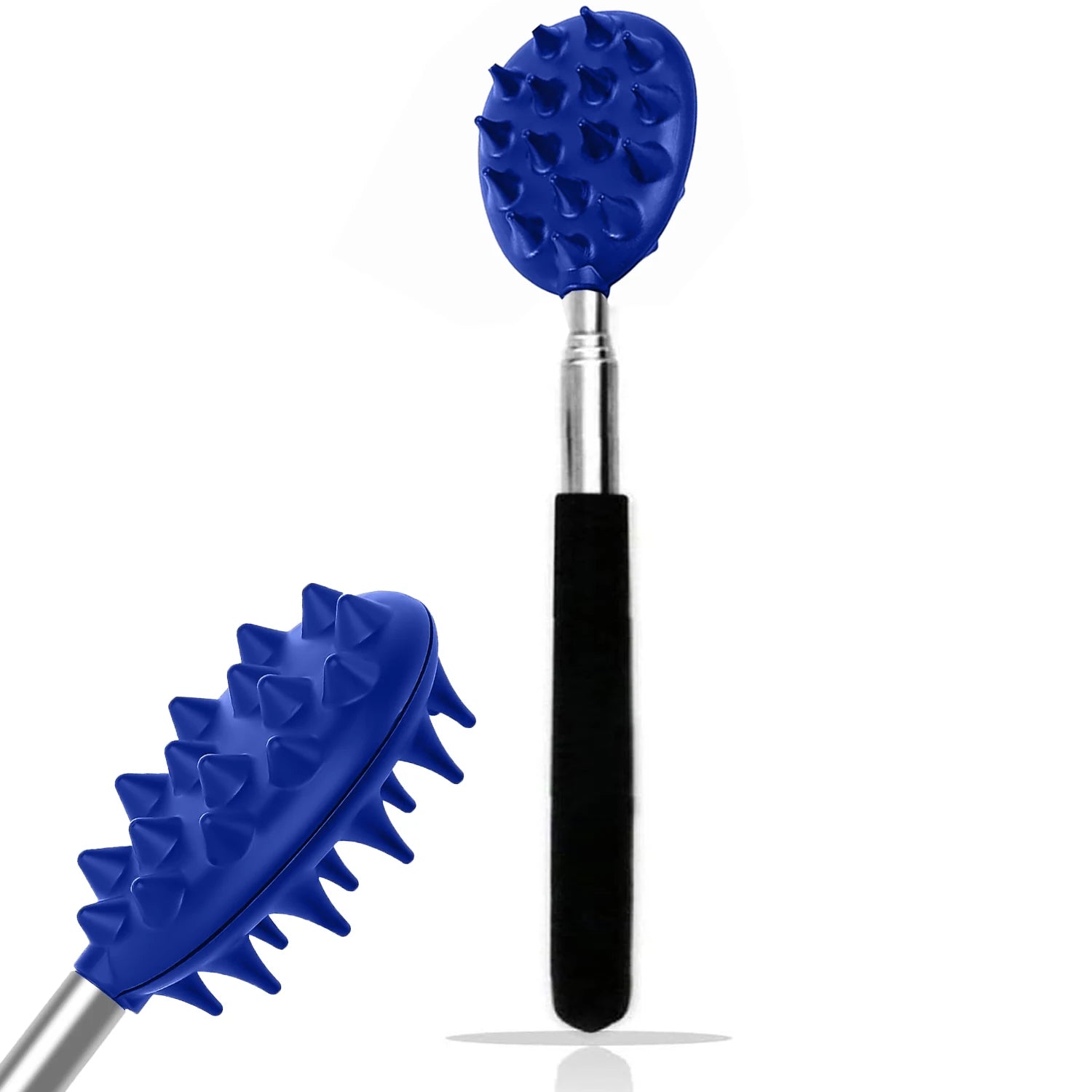 The OWOW Me Extendable Cactus Back Scratcher features a blue spiked massage head, long handle, and black grip, shown from the side and at an angle to highlight its textured surface.