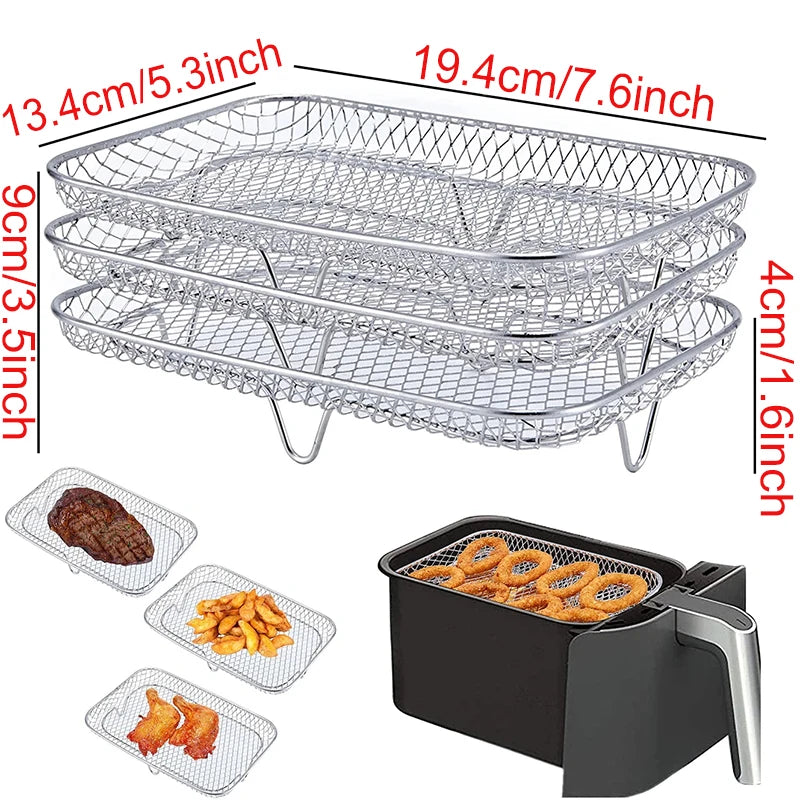 Three OWOW Me stainless steel air fryer oven racks for COSORI, INSTANT VORTEX, and GOURMIA are stacked inside a black basket, labeled with dimensions in cm/inch, displaying steak, fries, and rings for two-layer cooking.