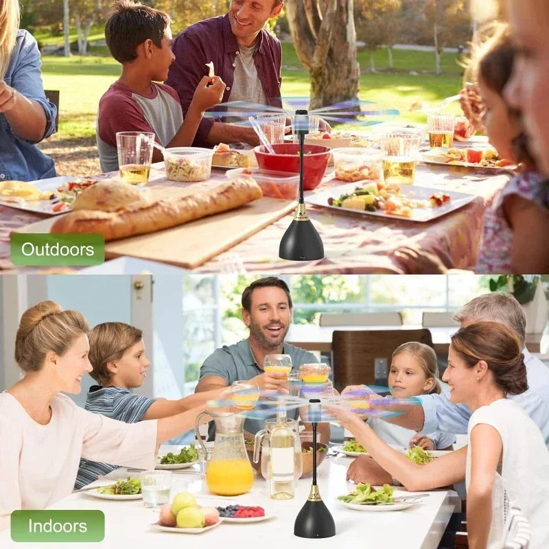 Two images show families smiling and enjoying meals indoors and outdoors with the OWOW Me portable fly-repelling fan for indoor and outdoor use, black, placed in the center of the table to keep flies away.