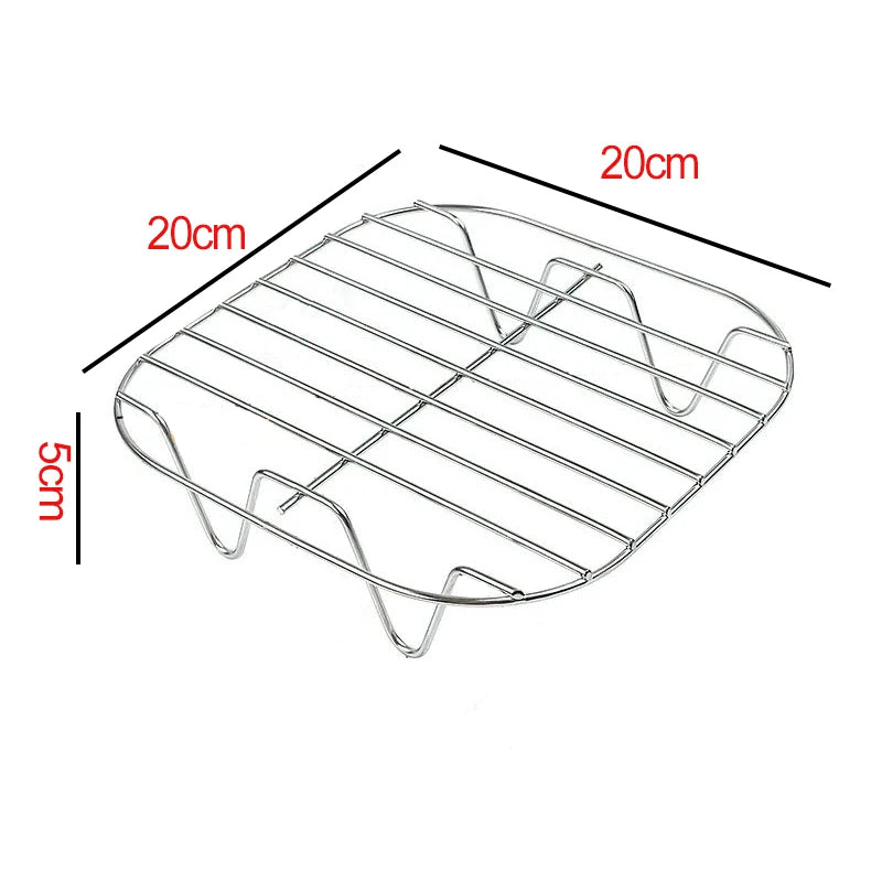 OWOW Me Air Fryer Oven Rack, 20x20x5cm, square stainless steel with parallel bars and four bent legs. Ideal for two-layer cooking or baking in COSORI, INSTANT VORTEX, and GOURMIA air fryers.