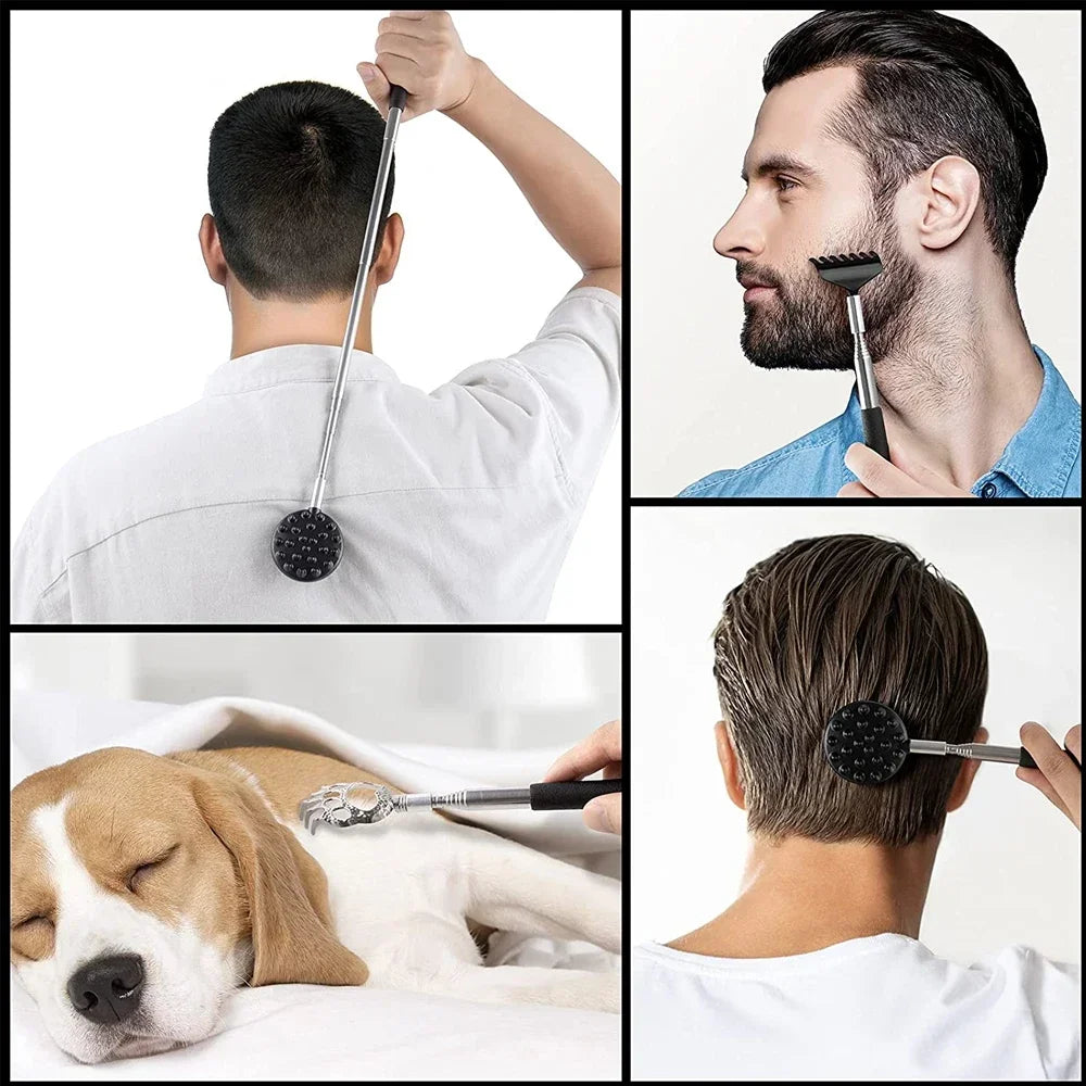 A collage shows people using the OWOW Me Extendable Cactus Back Scratcher in black and silver on their backs and heads, while a dog relaxes as it’s massaged with the same tool.
