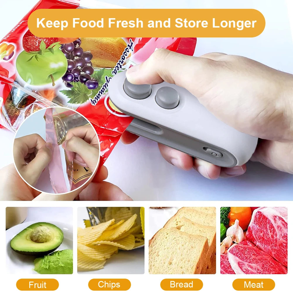 A hand uses the OWOW Me Mini heat sealer magnet clip for snack bags, white, to seal a red food bag. Insets highlight sealed and resealed bags. Images of fruit, chips, bread, and meat appear with labels: Keep Food Fresh and Store Longer.
