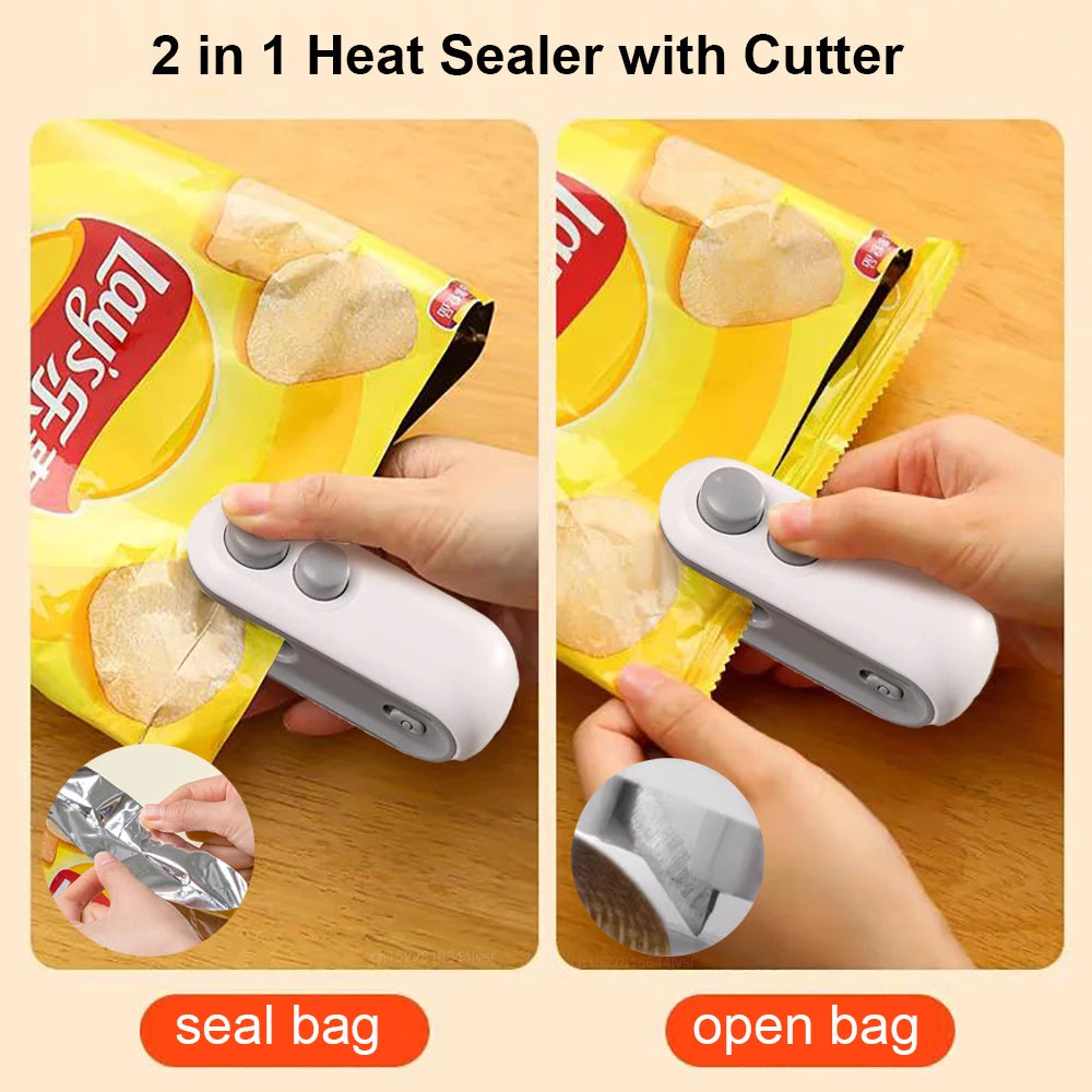 A person uses the OWOW Me Mini heat sealer magnet clip for snack bags in white to seal and open a bag of chips, with labeled sections showing how to seal and open the bag.