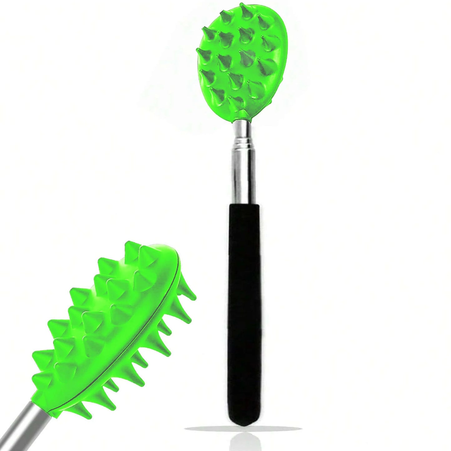 The OWOW Me Extendable Cactus Back Scratcher, featuring a green spiked silicone head and black handle with a silver extendable shaft, is shown upright and angled to display its spikes against a plain white background.