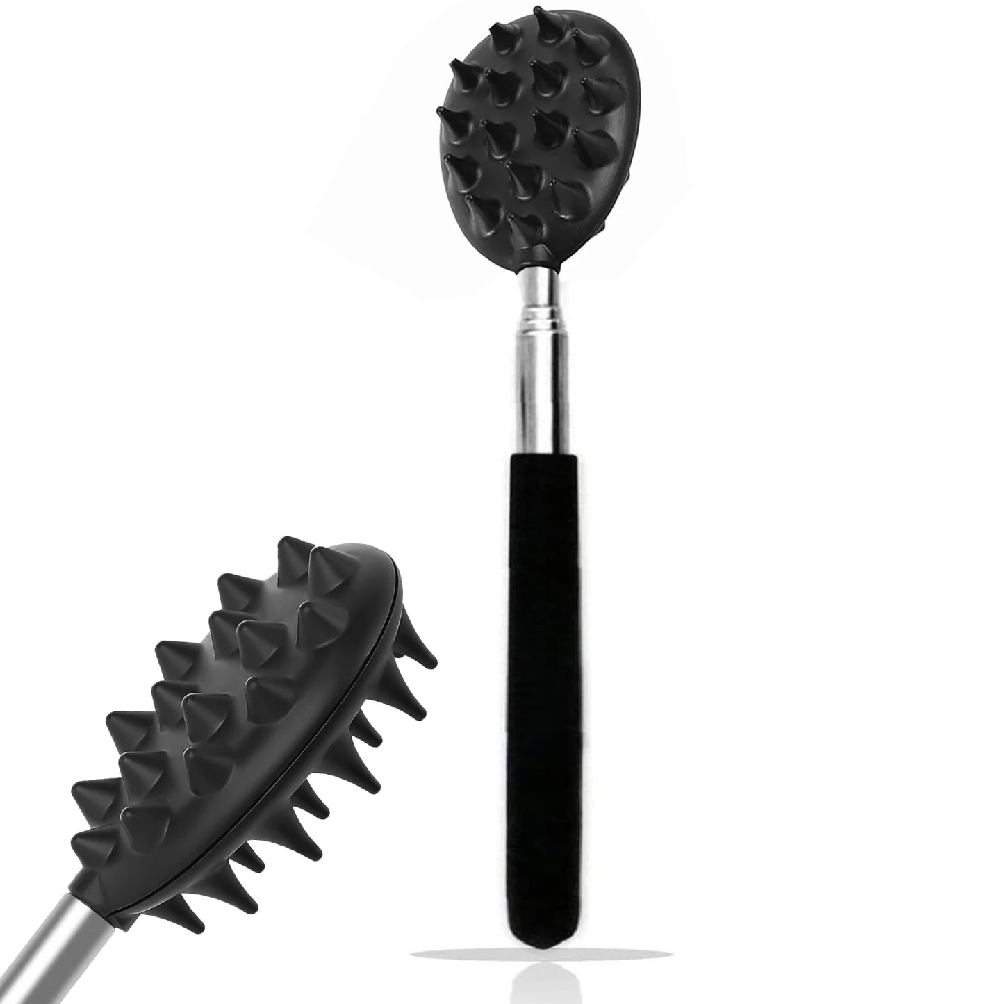 The OWOW Me Extendable Cactus Back Scratcher features a long black handle and a spiked, oval head, displayed from two angles on a white background.