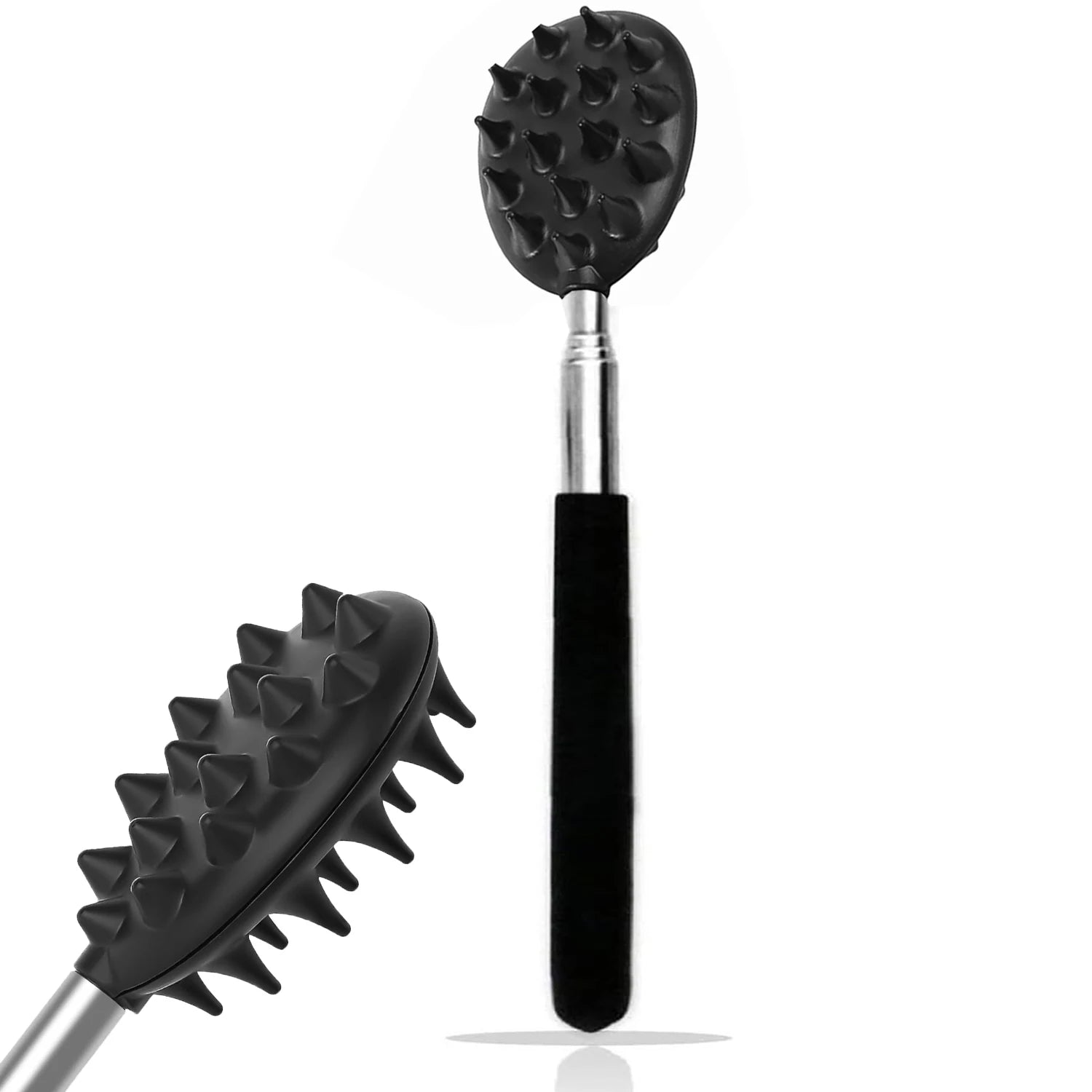 The OWOW Me Extendable Cactus Back Scratcher features a long black handle and a spiked, oval head, displayed from two angles on a white background.