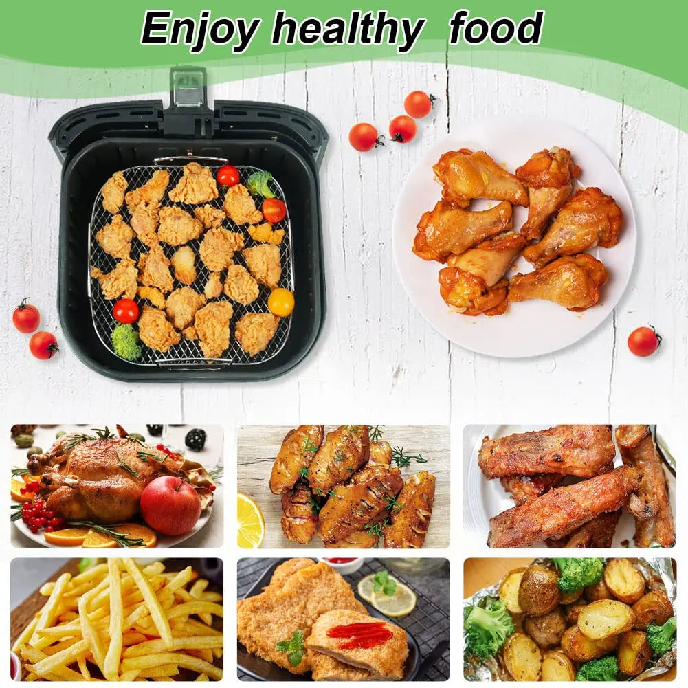 A collage of fried foods surrounds an OWOW Me Air Fryer Oven Rack for COSORI, INSTANT VORTEX, and GOURMIA. A green background displays the text: Enjoy healthy food.