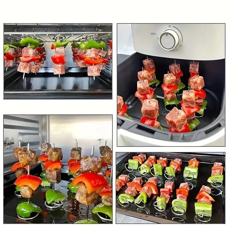 Four images show the OWOW Me Vertical Stainless Steel Skewer Grill for air fryer with meat and bell peppers, cooked hanging or on a tray. Its non-stick forks ensure easy food release and quick cleaning.