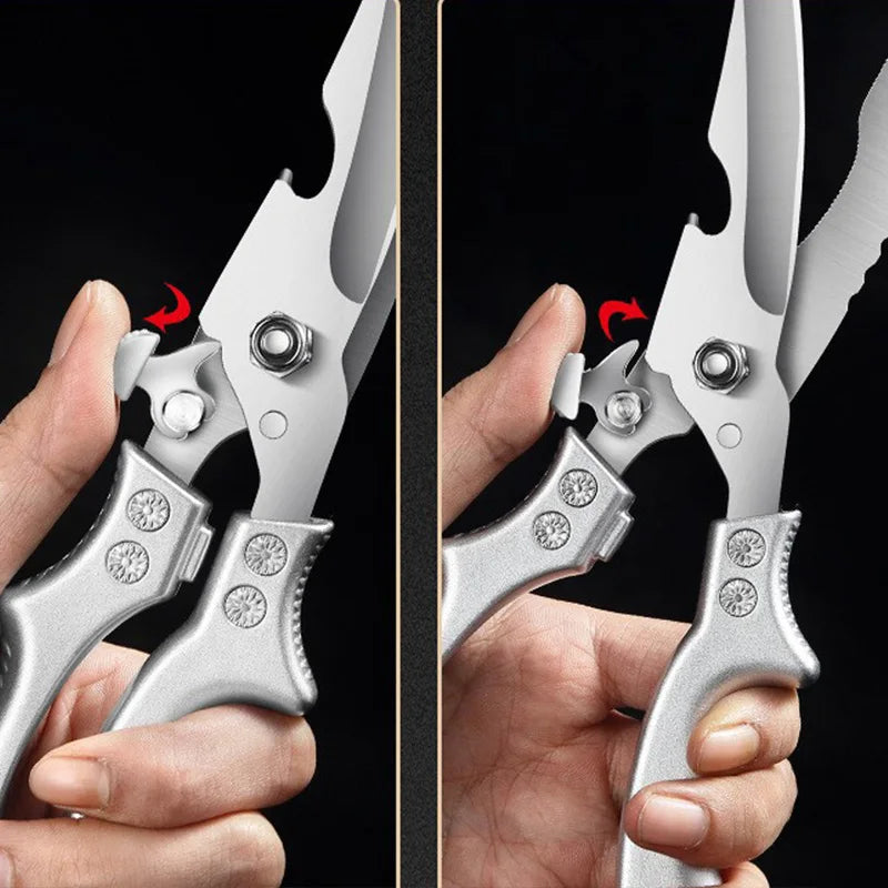 Two hands demonstrate how to lock and unlock the safety latch on OWOW Me Stainless Steel Poultry Bone Cutter Scissors, with a red arrow showing the movement direction. Left: latch engaged; right: latch released.