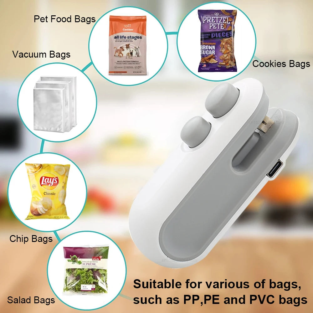 Image shows the OWOW Me Mini heat sealer magnet clip for snack bags in white sealing chips, cookies, salad, and pet food. Suitable for PP, PE, and PVC bags. This rechargeable sealer is ideal for any kitchen.