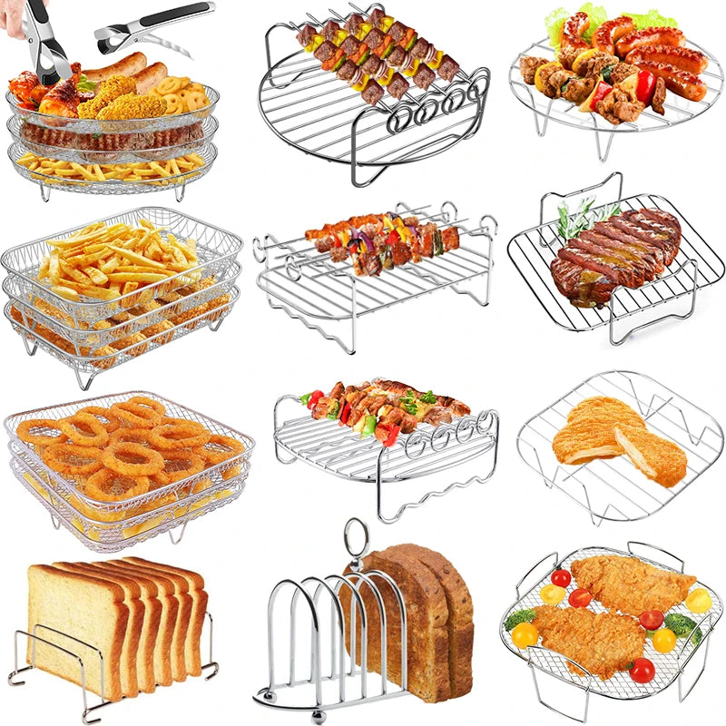 Collage of OWOW Me Air Fryer Oven Racks Accessories for COSORI, INSTANT VORTEX, GOURMIA—trays and stands holding fried chicken, skewers, fries, bread, and steak to creatively organize or serve food with wire or metal holders.