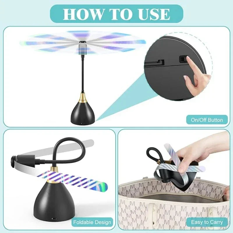 Instructional image of the OWOW Me portable fly-repelling fan for indoor and outdoor use in black, highlighting its foldable blades, on/off button, and easy storage by placing it in a bag for convenient portability.