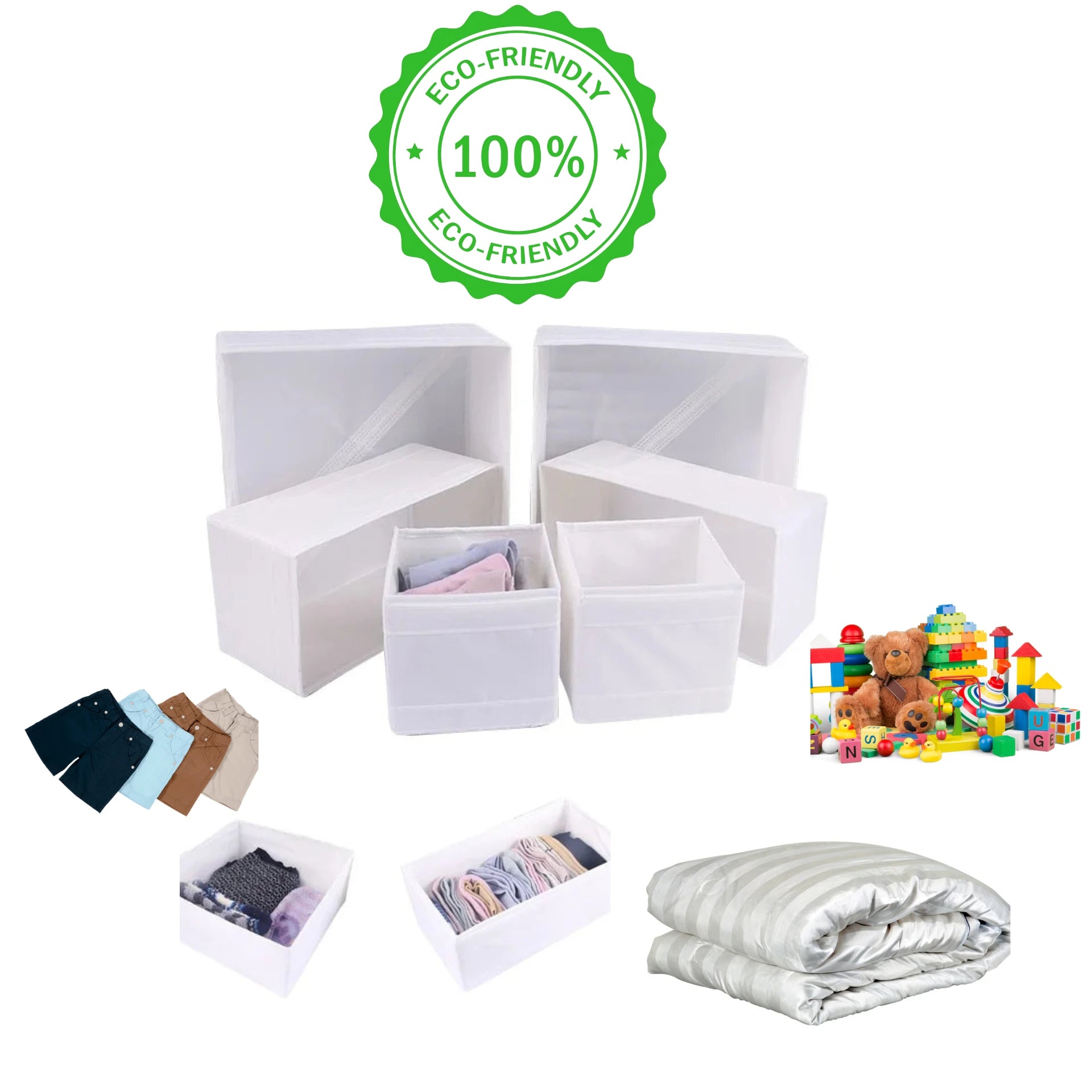 OWOW Me large foldable clothes organizers with compartment storage boxes in white or gray are shown with bedding and toys. A green 100% Eco-Friendly label showcases their environmentally friendly feature.