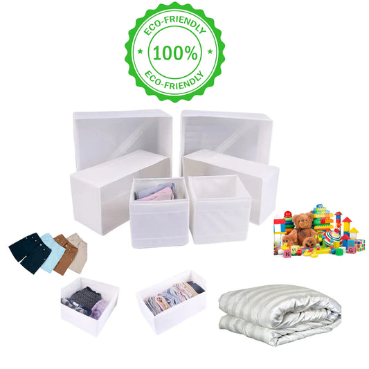 OWOW Me large foldable clothes organizers with compartment storage boxes in white or gray are shown with bedding and toys. A green 100% Eco-Friendly label showcases their environmentally friendly feature.