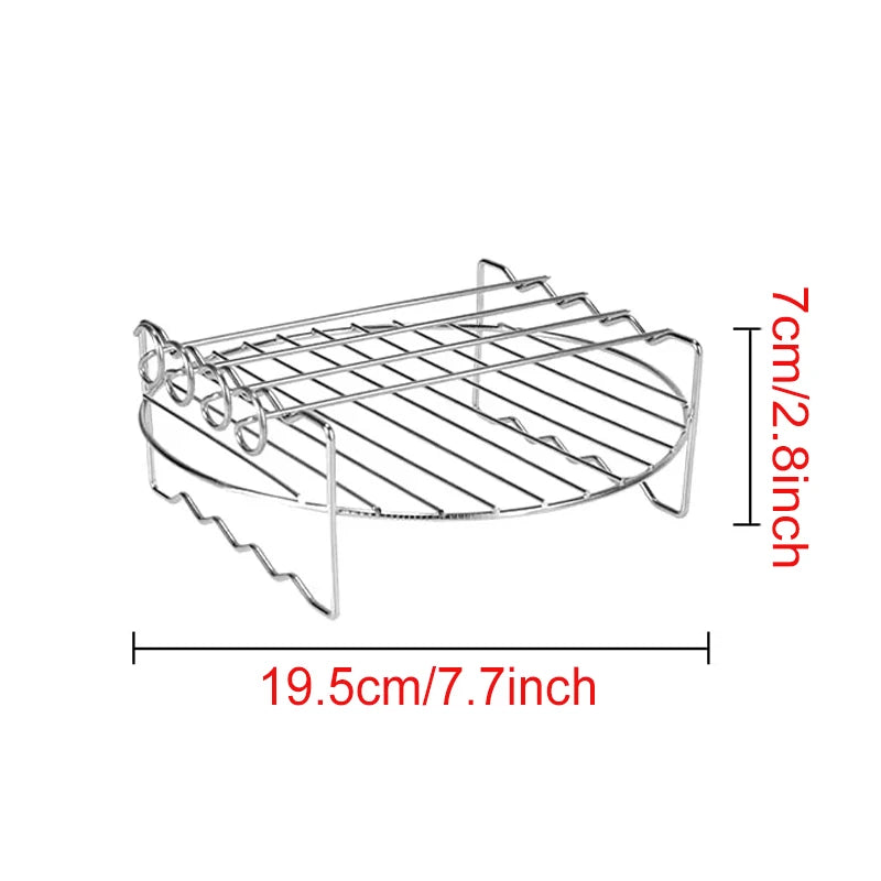 OWOW Me Air Fryer Oven Rack for COSORI, INSTANT VORTEX, and GOURMIA features a round stainless steel base with wavy sides, measuring 7 cm high and 19.5 cm wide. Shown on a white background; perfect for two-layer air fryer cooking.