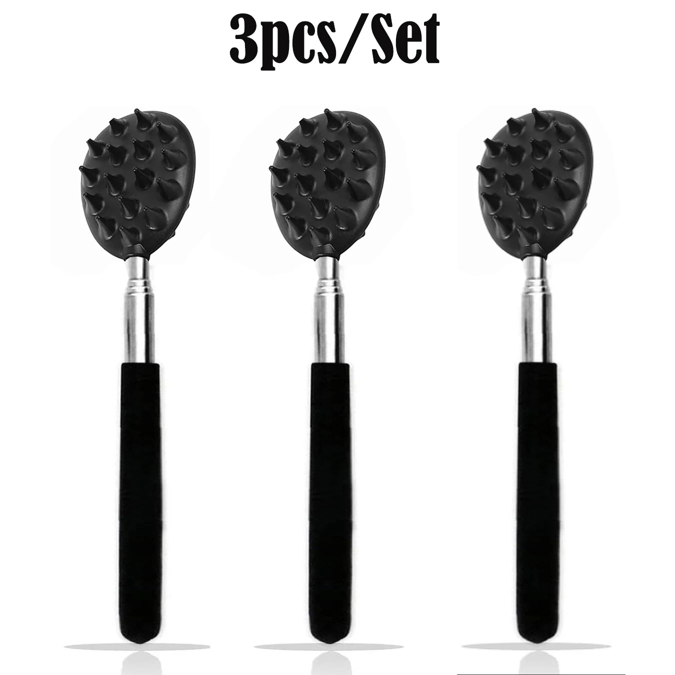 Three identical OWOW Me Extendable Cactus Back Scratchers with long handles are displayed upright in a row under 3pcs/Set on a white background, resembling telescoping scalp massager brushes.