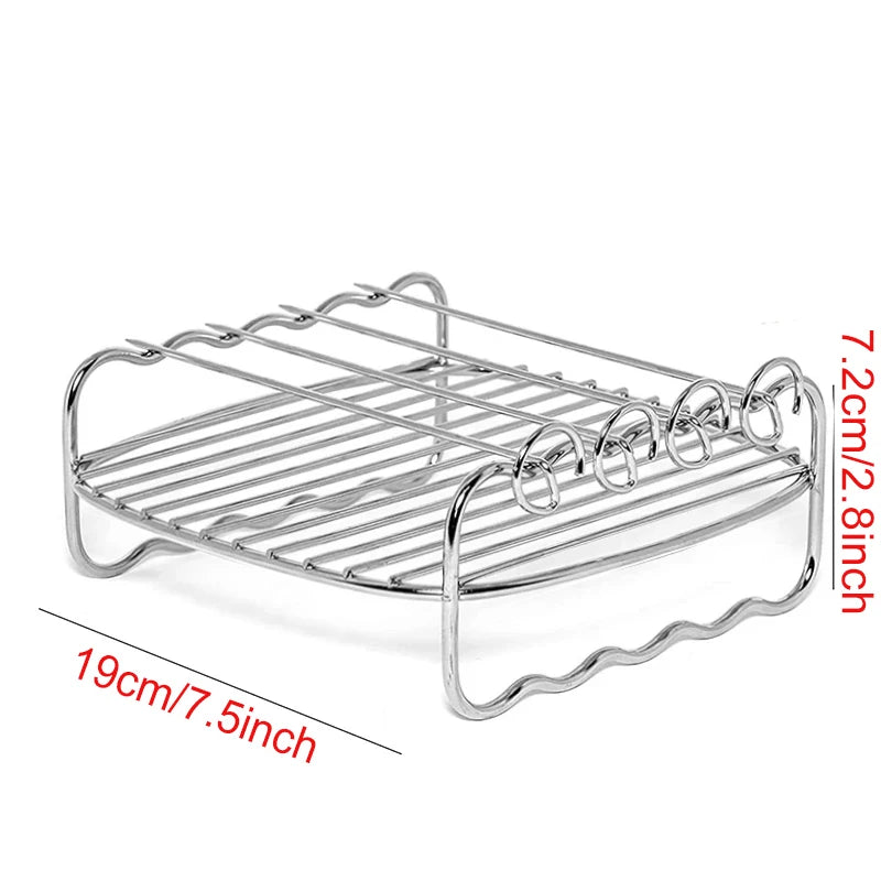 OWOW Me Air Fryer Oven Rack Accessory, compatible with COSORI, INSTANT VORTEX, and GOURMIA. Stainless steel parallel bar rack with curved sides, 19cm x 7.2cm—ideal for two-layer air fryer cooking. Shown on a white background.