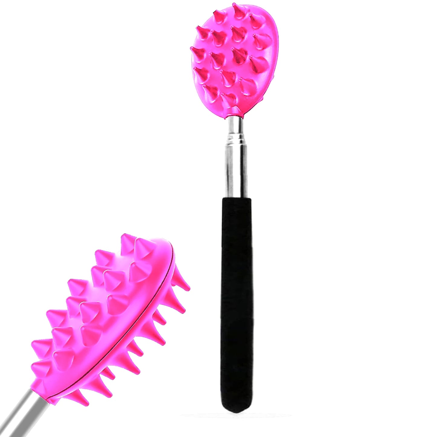 The OWOW Me Extendable Cactus Back Scratcher, shown in full and close-up views, features a pink silicone brush with pointed bristles and a black handle, offering a gentle alternative to stainless steel scratchers for soothing relief.