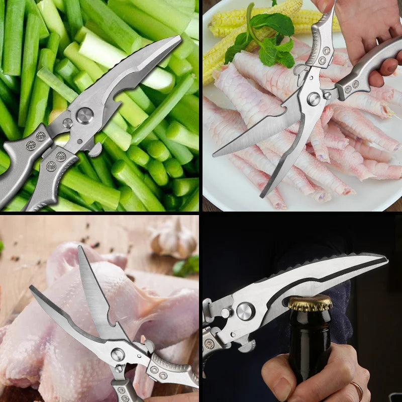 A collage of four images shows OWOW Me Stainless Steel Poultry Bone Cutter Scissors cutting green onions, fish, raw chicken, and opening a bottle—demonstrating their versatile kitchen use.