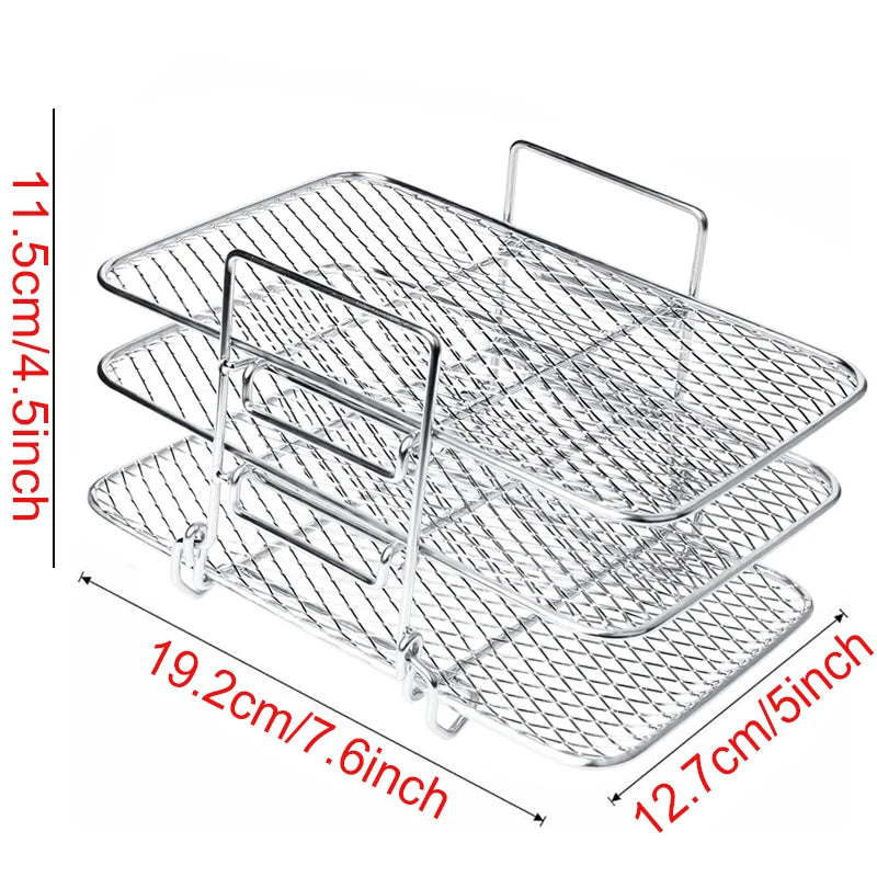 The OWOW Me Air Fryer Oven Racks Accessories for COSORI, INSTANT VORTEX, and GOURMIA feature a three-tier stainless steel rack with handles (11.5 x 19.2 x 12.7 cm) and red measurement labels—ideal for efficient multi-layer air fryer cooking.