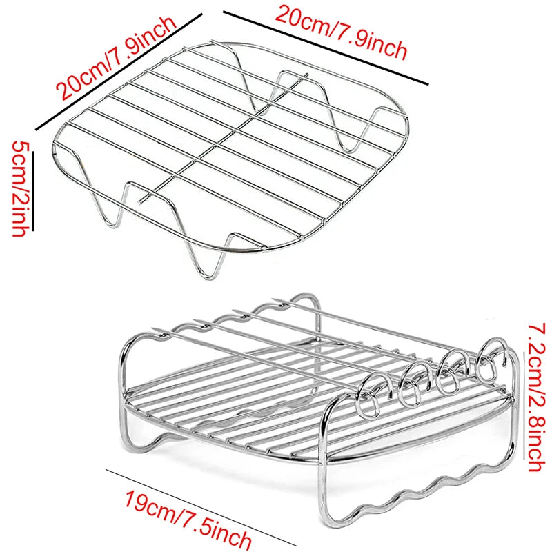 Two OWOW Me Air Fryer Oven Racks for COSORI, INSTANT VORTEX, or GOURMIA are shown with labeled dimensions. The top rack is square with tall legs; the bottom rack is a stackable stainless steel rack for two-layer air fryer cooking.