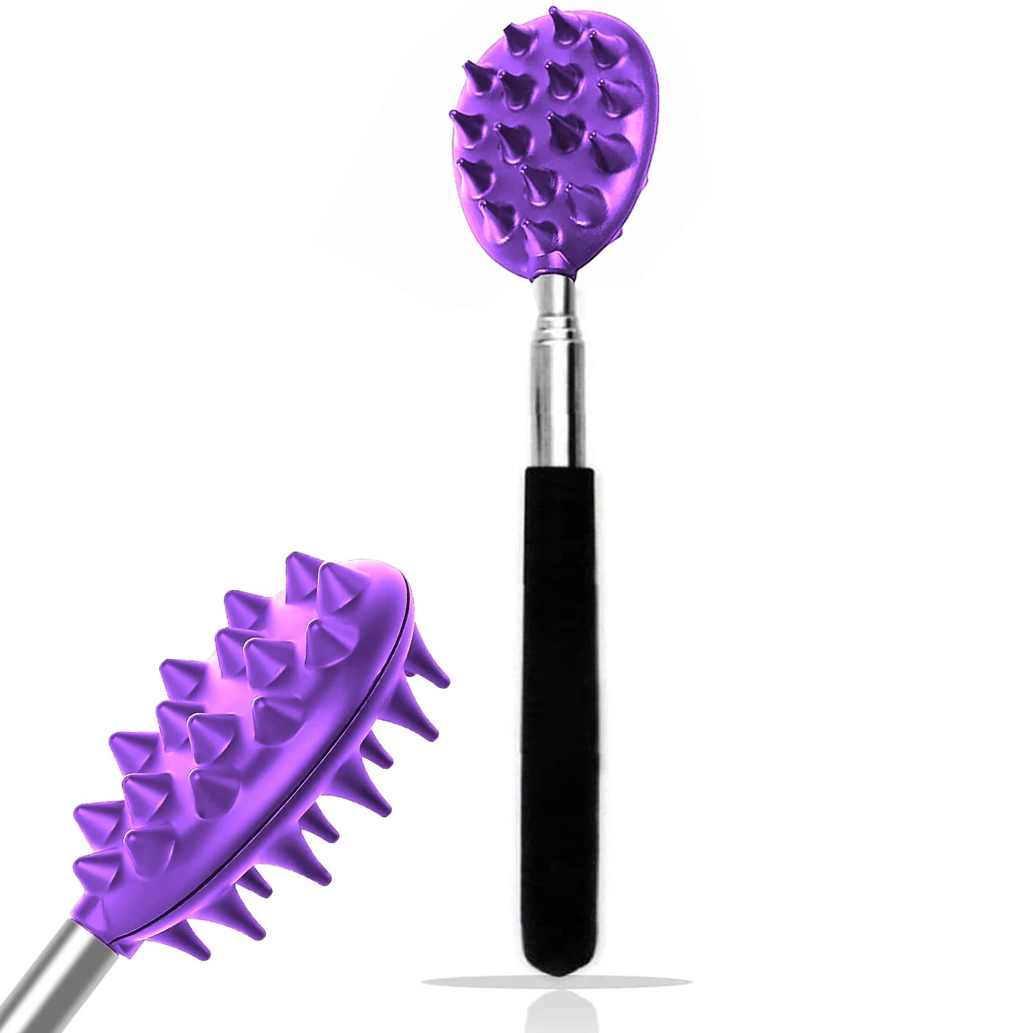 The OWOW Me Extendable Cactus Back Scratcher features a purple, spiked silicone brush with a long, black handle; one brush stands upright while a close-up of the brush head is shown in the bottom left corner.