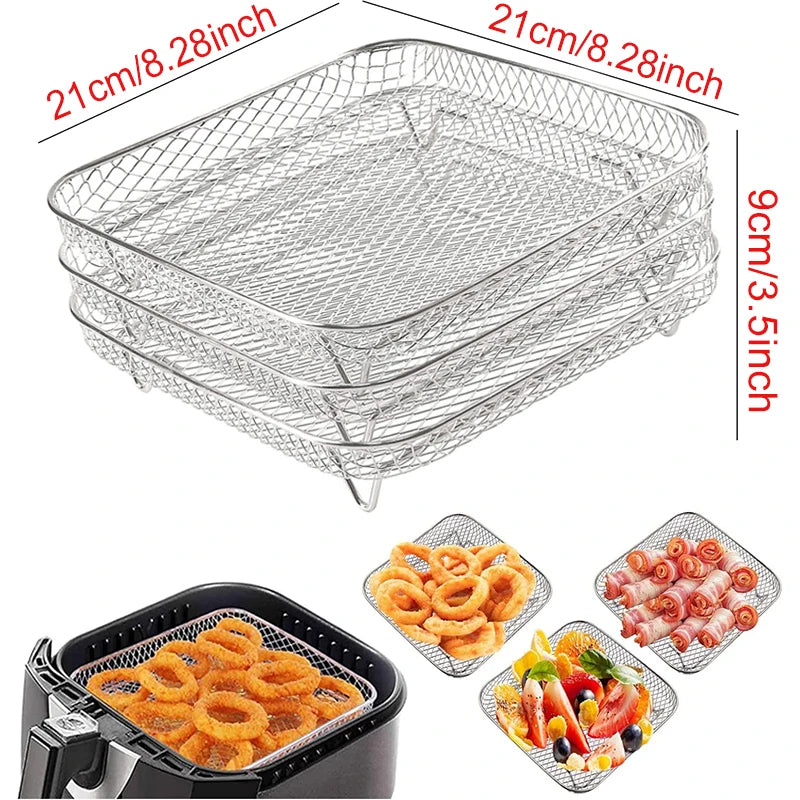 OWOW Me Air Fryer Oven Racks Accessories for COSORI/INSTANT VORTEX/GOURMIA (21x21x9 cm) shown stacking onion rings, skewers, roasted meat, and veggies—perfect for two-layer air fryer cooking versatility.