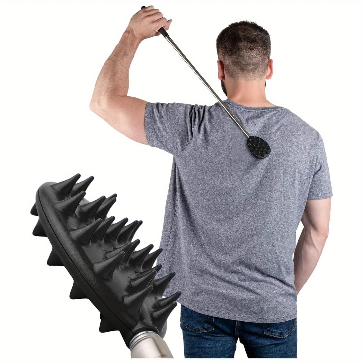 A man in a gray t-shirt uses the OWOW Me Extendable Cactus Back Scratcher, featuring a spiked black head, to massage his upper back. An enlarged view highlights its unique textured surface.