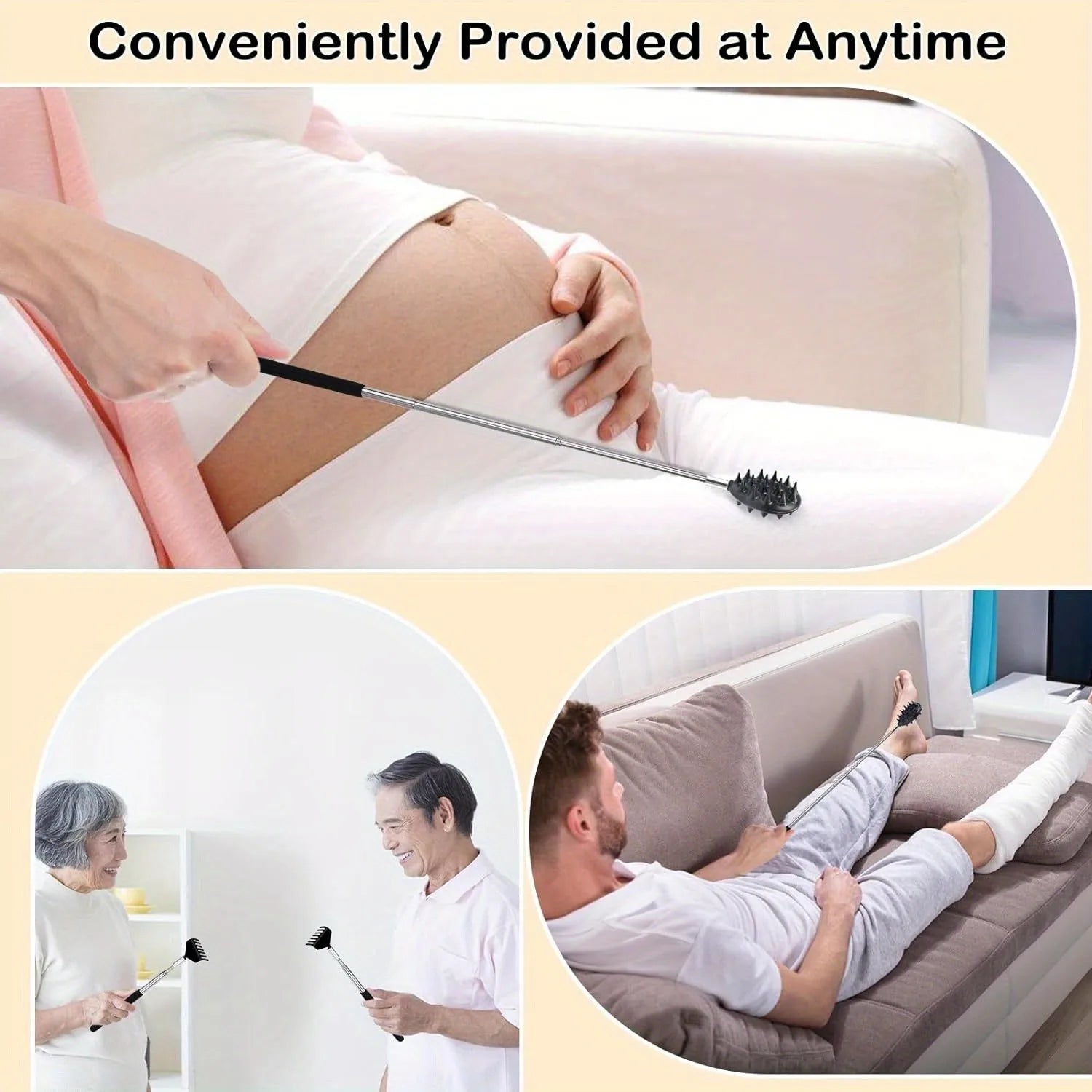 Three images show people using the OWOW Me Extendable Cactus Back Scratcher on their legs: a pregnant person on a couch, an elderly couple standing, and a man reclining. Text reads: Conveniently Provided at Anytime.