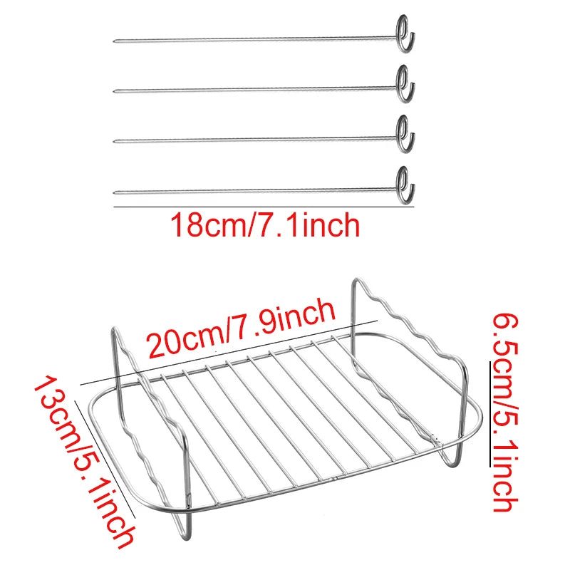 Image of OWOW Me Air Fryer Oven Racks Accessories for COSORI/INSTANT VORTEX/GOURMIA, showing four 18cm skewers and a stainless steel rack (20x13x6.5cm), with labeled dimensions—ideal for two-layer air fryer cooking.
