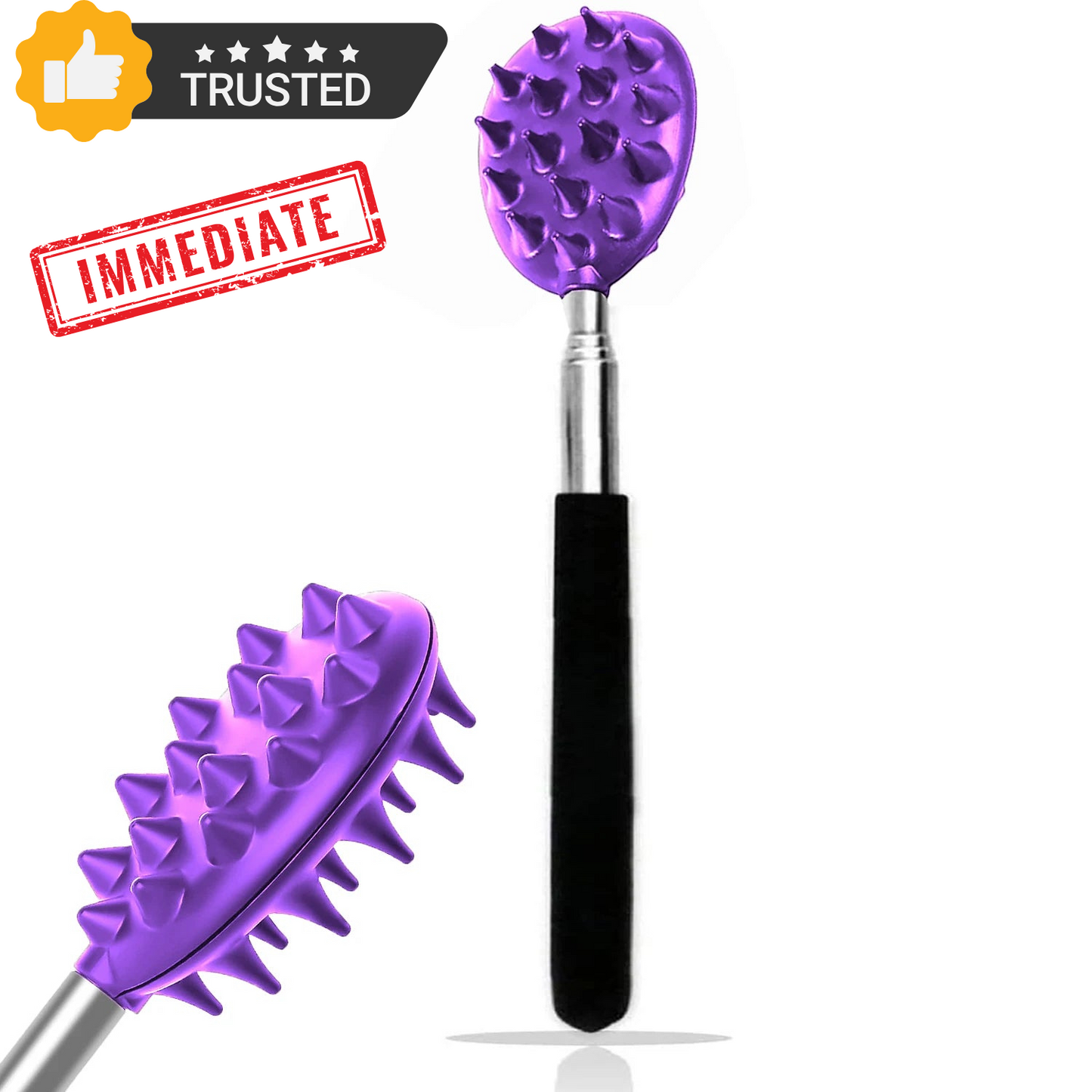 The OWOW Me Extendable Cactus Back Scratcher, featuring a purple spiky design and black handle, is shown from two angles. A Trusted badge with thumbs up and stars, plus a red Immediate stamp, appear on the top left.