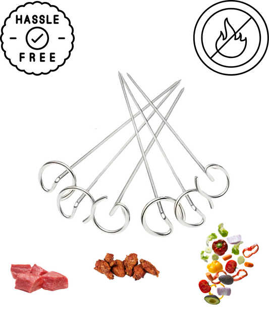 Five easy-to-clean Vertical Stainless Steel Skewer Grills by OWOW Me, featuring circular handles, are centered. Icons for hassle-free use and no flame are in the corners; raw meat, cooked meat, and veggies appear at the bottom.