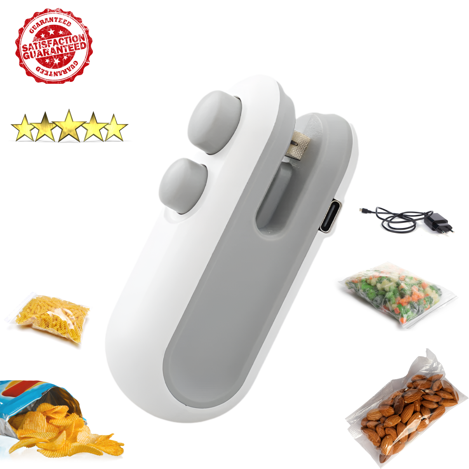 The OWOW Me Mini heat sealer magnet clip for snack bags, white, is displayed with a gray grip, USB charging cable, sealed bags of pasta, nuts, vegetables, five-star rating, and Satisfaction Guaranteed stamp.