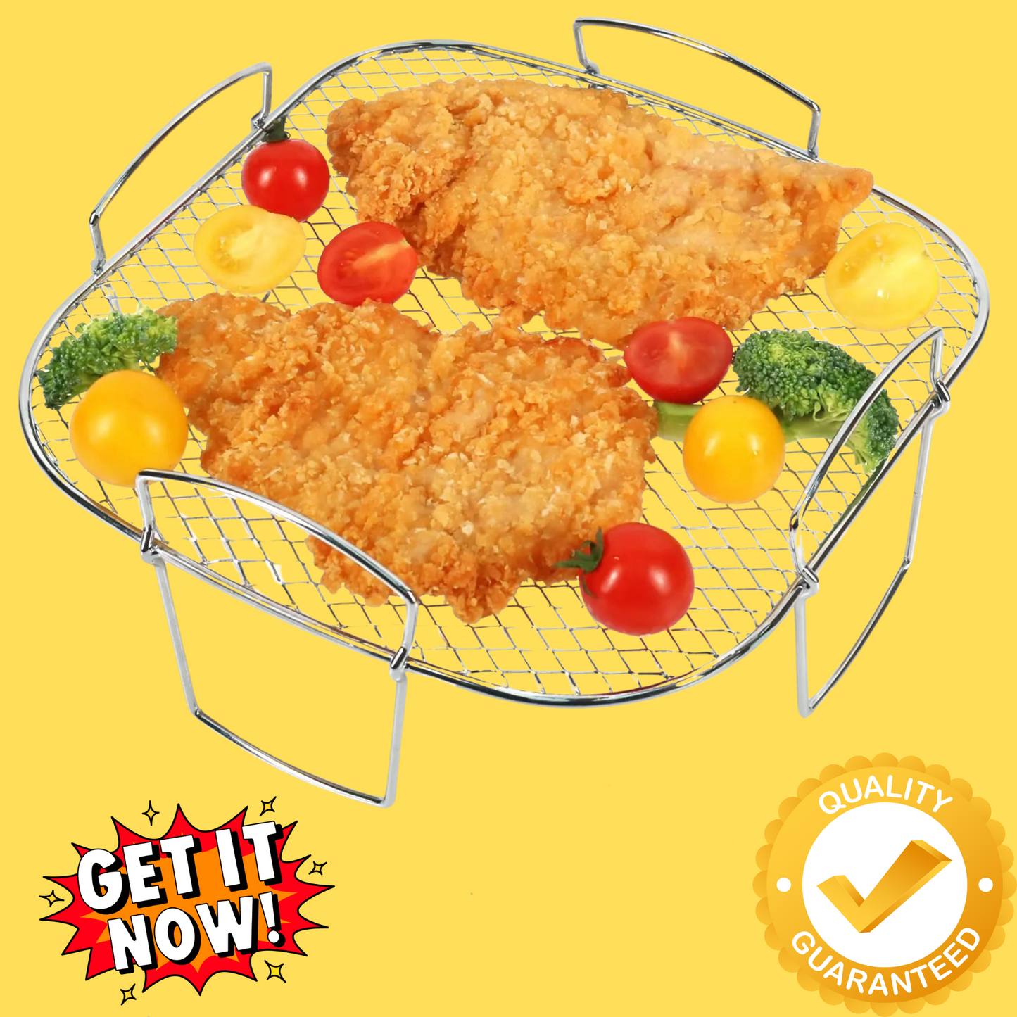 Two pieces of fried chicken with veggies and pineapple sit on an OWOW Me Air Fryer Oven Rack, compatible with COSORI, INSTANT VORTEX, and GOURMIA models. GET IT NOW! and QUALITY GUARANTEED badges appear on a yellow background.