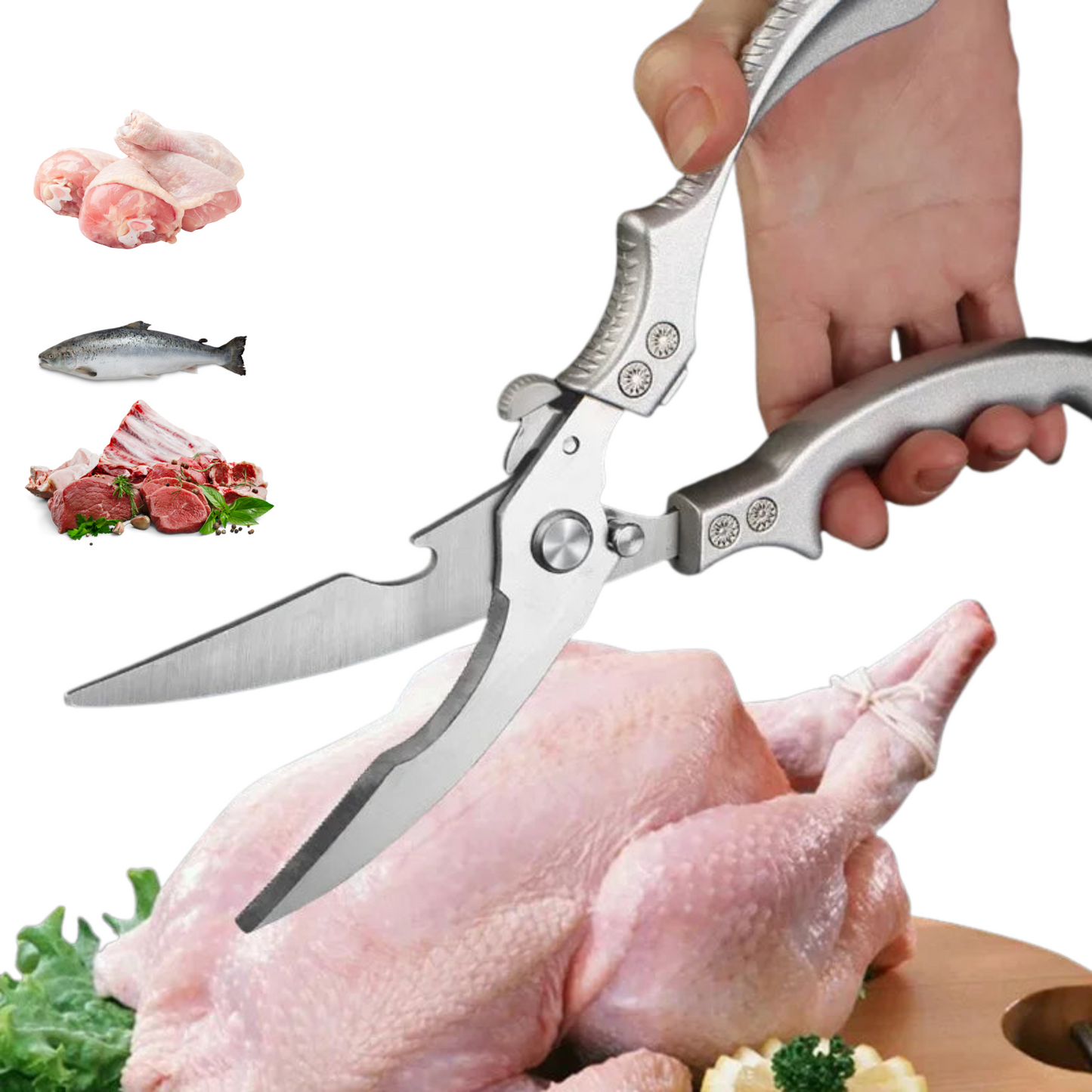 An OWOW Me Stainless Steel Poultry Bone Cutter Scissors is used to cut a raw whole chicken on a cutting board, while nearby images of fish, chicken pieces, and meat demonstrate these kitchen shears' versatile food prep uses.