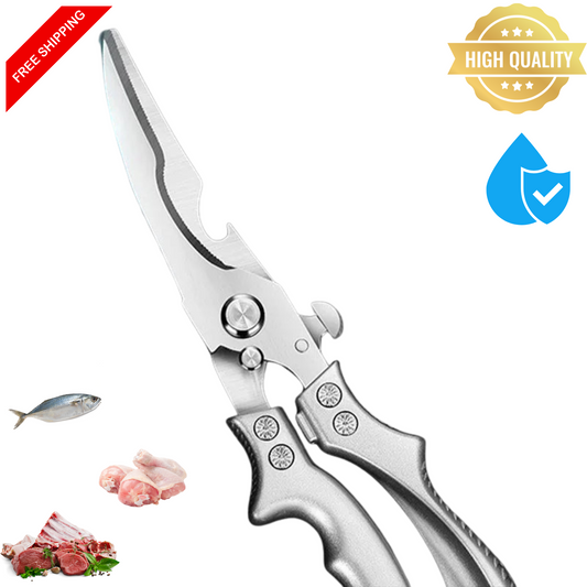 OWOW Me Stainless Steel Poultry Bone Cutter Scissors with textured handles are shown with icons for free shipping, high quality, and water resistance, plus images of fish, chicken, and meat—perfect shears for any kitchen task.